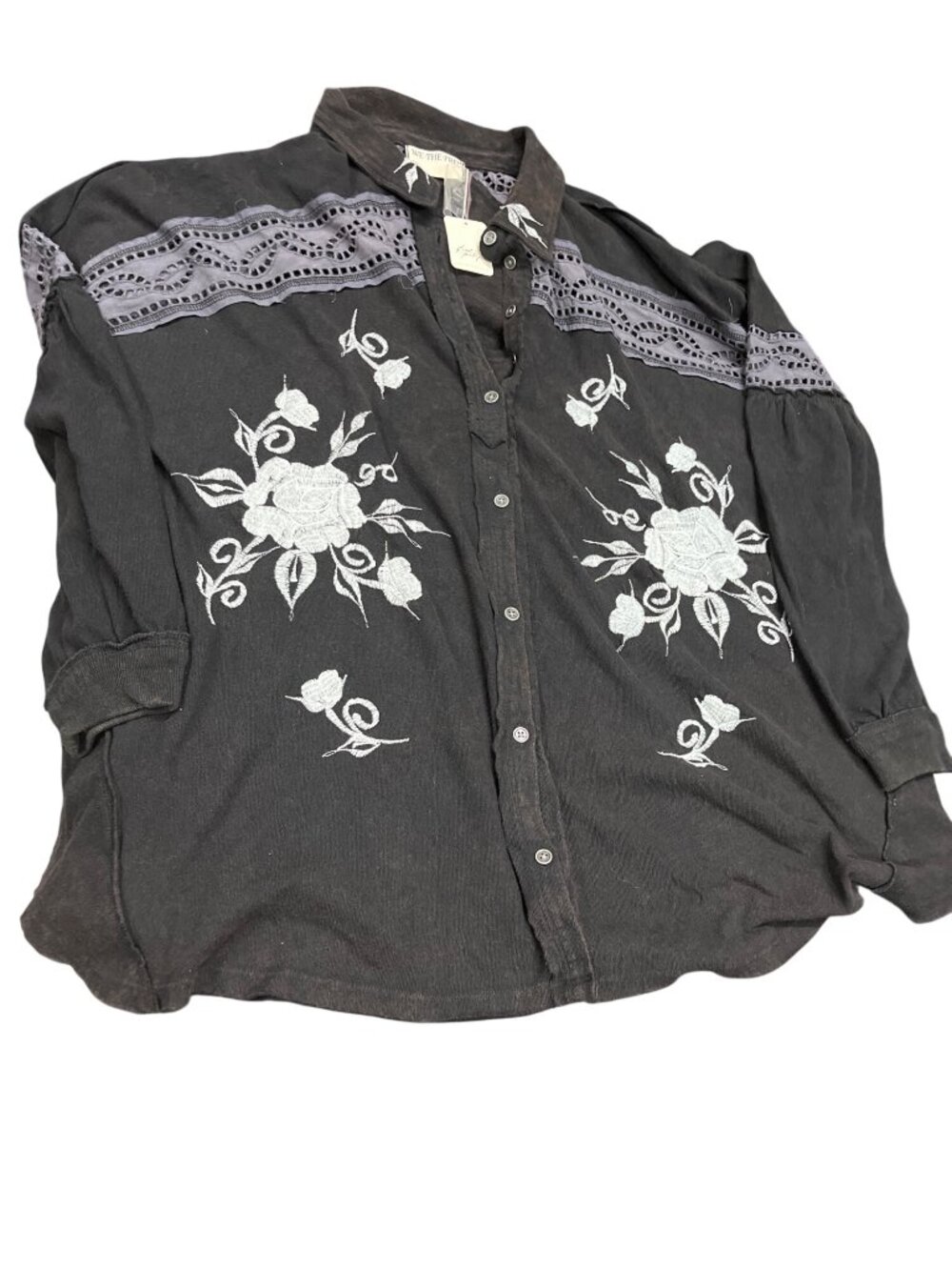 Free People womens Black Embroidered polyester Button-Up Blouse sz L SKU 10-742